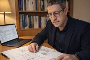 Perito judicial arquitecto técnico revisando documentación técnica en despacho