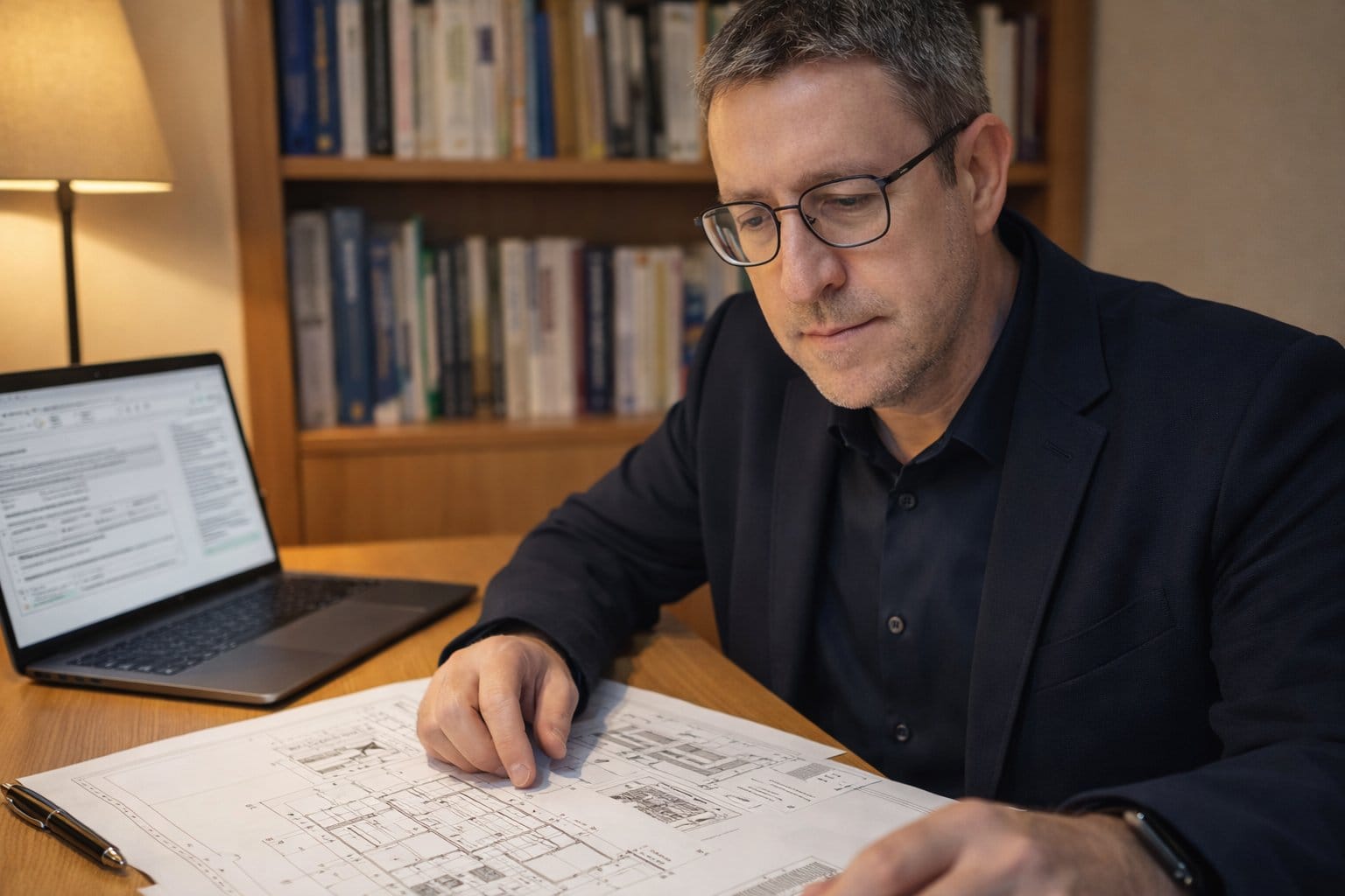 Perito judicial arquitecto técnico elaborando informe